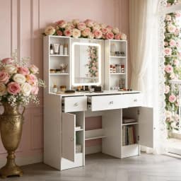 NEW Teousev Modern White Large Makeup Vanity Dressing Table Set with 3 Color Dimmable LED Lighted Mirror 3 Drawers Vanity Stool