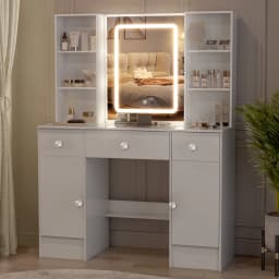 NEW Teousev Modern White Large Makeup Vanity Dressing Table Set with 3 Color Dimmable LED Lighted Mirror 3 Drawers Vanity Stool