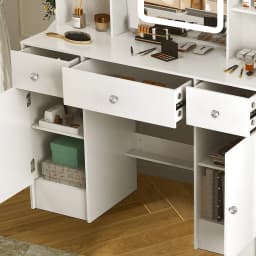 NEW Teousev Modern White Large Makeup Vanity Dressing Table Set with 3 Color Dimmable LED Lighted Mirror 3 Drawers Vanity Stool