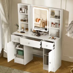 NEW Teousev Modern White Large Makeup Vanity Dressing Table Set with 3 Color Dimmable LED Lighted Mirror 3 Drawers Vanity Stool