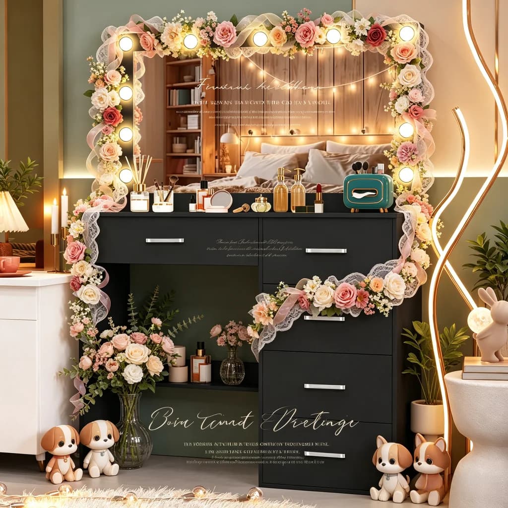 White Vanity Set, 11 LED Large Lighted Mirror, 7 Drawers 3 Color Dimmable, Dressing Table Easy Assembly