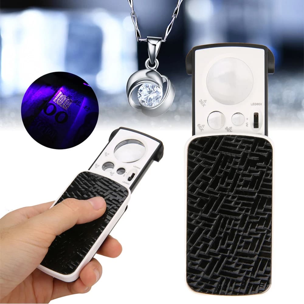5PCS 30X/60X/90X Pocket Magnifying Jewellers Magnifier Glass LED Slide Light