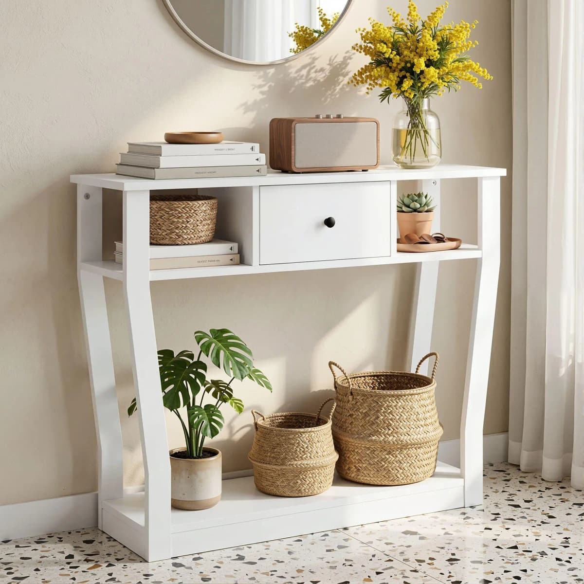 Modern White 100cm Entryway Console Table with Drawer Shelf for Hallway Sofa Side Table Storage Organizer