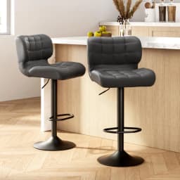 Modern Grey Leather Gas Lift Bar Stool Set of 2 Adjustable Padded Counter Chairs for Kitchen Island Home Dining