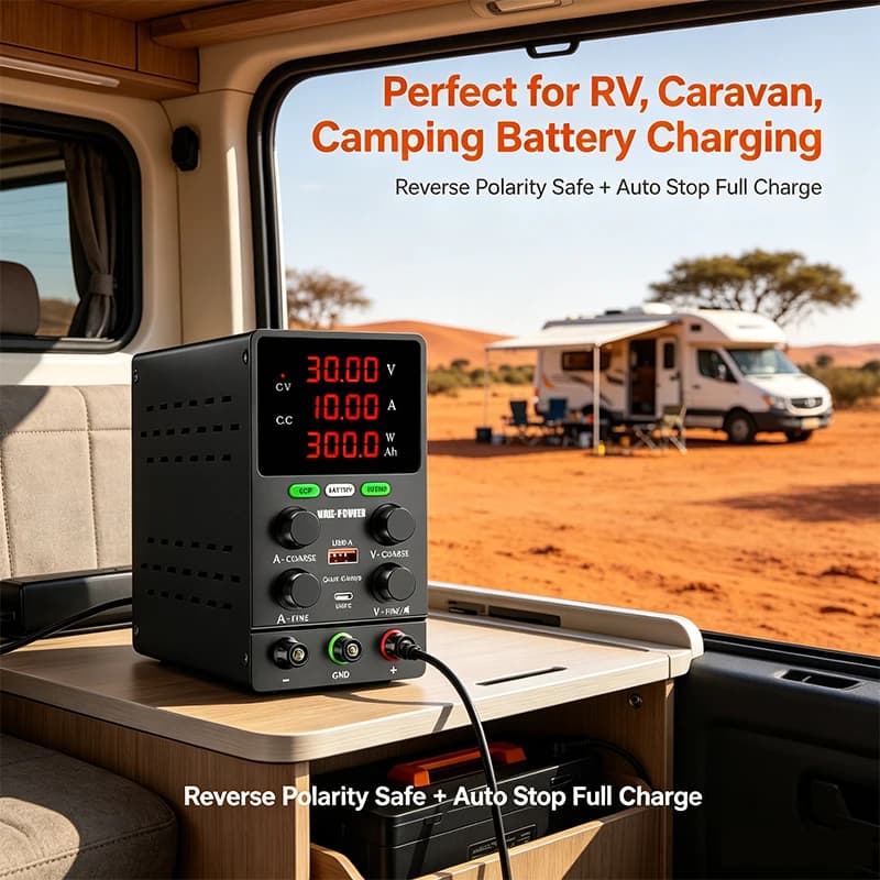 0-30V 0-10A 300W Adjustable DC Bench Power Supply Reverse Polarity Protection Auto Stop Full Charge CV CC Regulated Unit RV Caravan Camping Lithium AGM Lead Acid Battery Charging Auto DIY Battery Test OCP Safe Charger USB-A USB-C Fast Charge AU Plug
