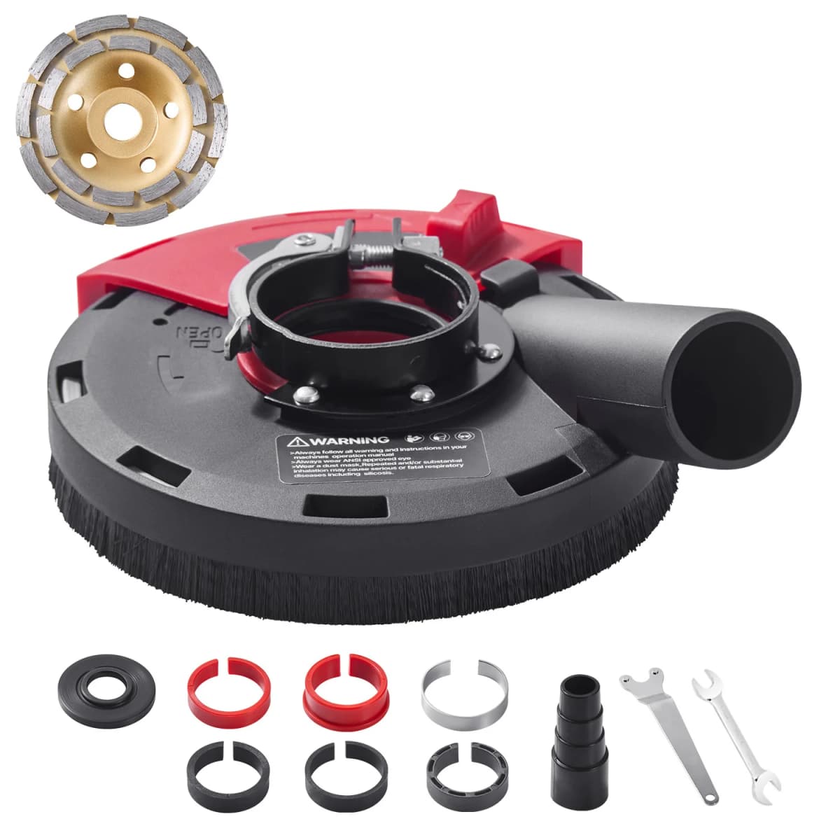 SucceBuy Grinding Dust Shroud for Angle Grinder Universal 4-5in with 6 Clamping Washers& 5in Diamond Grinding Cup Wheel for Wall