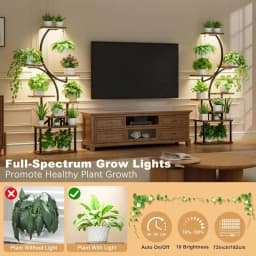 8 Tier Curved shaped Plant Stand with Full Spectrum Grow Lights, Heavy Duty Metal Frame Wood Plant Shelves for Multiple Potted Plants, Indoor Tall Corner Flower Display Rack for Living Room, Balcony, Office