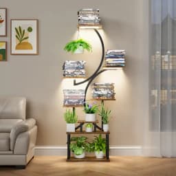 8 Tier Curved shaped Plant Stand with Full Spectrum Grow Lights, Heavy Duty Metal Frame Wood Plant Shelves for Multiple Potted Plants, Indoor Tall Corner Flower Display Rack for Living Room, Balcony, Office