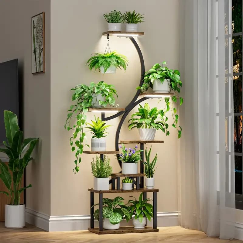 8 Tier Curved shaped Plant Stand with Full Spectrum Grow Lights, Heavy Duty Metal Frame Wood Plant Shelves for Multiple Potted Plants, Indoor Tall Corner Flower Display Rack for Living Room, Balcony, Office