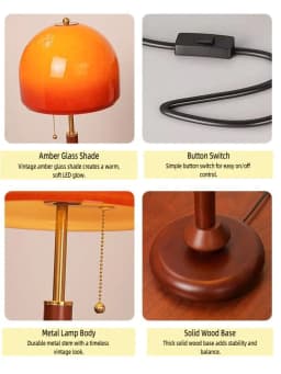 Vintage Glass Table Lamp with Amber Shade, LED Bedside Lamp with Pull Chain Switch, Solid Walnut Wood Base, Plug-in Accent Lamp for Bedroom Living Room Study