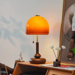 Vintage Glass Table Lamp with Amber Shade, LED Bedside Lamp with Pull Chain Switch, Solid Walnut Wood Base, Plug-in Accent Lamp for Bedroom Living Room Study