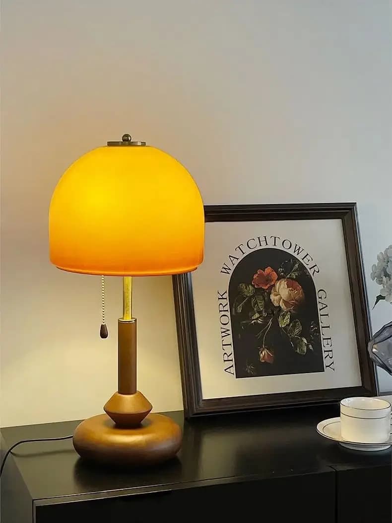Vintage Glass Table Lamp with Amber Shade, LED Bedside Lamp with Pull Chain Switch, Solid Walnut Wood Base, Plug-in Accent Lamp for Bedroom Living Room Study