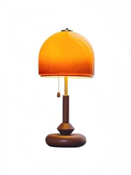 Vintage Glass Table Lamp with Amber Shade, LED Bedside Lamp with Pull Chain Switch, Solid Walnut Wood Base, Plug-in Accent Lamp for Bedroom Living Room Study