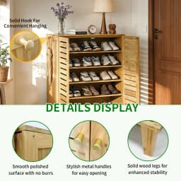 Bamboo Shoe Storage Cabinet with Slatted Doors, 5-Tier Wooden Shoe Organizer Cupboard for Entryway Hallway, Freestanding Large Shoe Rack with Side Hooks & Magnetic Closure