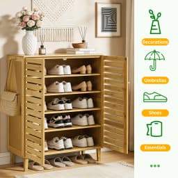 Bamboo Shoe Storage Cabinet with Slatted Doors, 5-Tier Wooden Shoe Organizer Cupboard for Entryway Hallway, Freestanding Large Shoe Rack with Side Hooks & Magnetic Closure