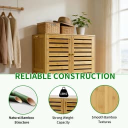 Bamboo Shoe Storage Cabinet with Slatted Doors, 5-Tier Wooden Shoe Organizer Cupboard for Entryway Hallway, Freestanding Large Shoe Rack with Side Hooks & Magnetic Closure