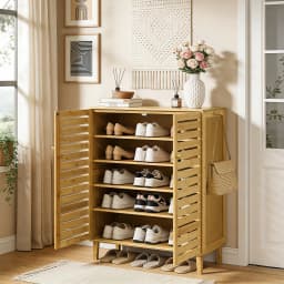 Bamboo Shoe Storage Cabinet with Slatted Doors, 5-Tier Wooden Shoe Organizer Cupboard for Entryway Hallway, Freestanding Large Shoe Rack with Side Hooks & Magnetic Closure