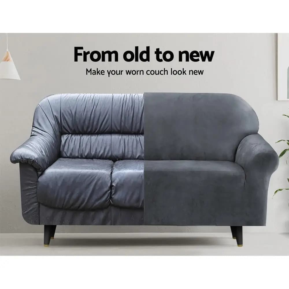 Velvet Grey 3 Seater Sofa Cover Stretch Couch Protector Soft Washable Furniture Slipcover