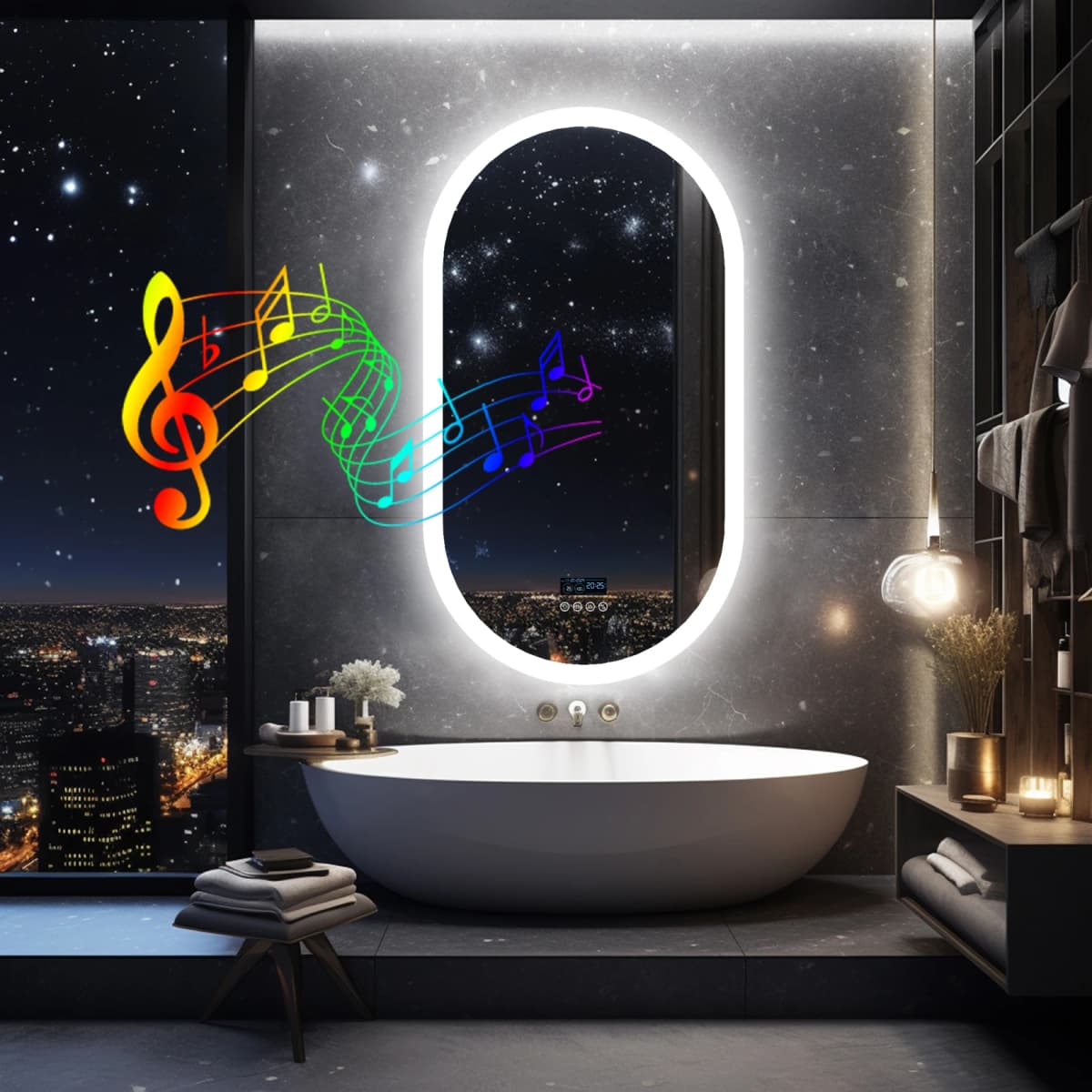 LUVODI LED Lighted Bluetooth Bathroom Mirror Backlit Dimmable Vanity Mirror Anti-Fog with Time And Date Display for Home