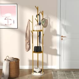 Metal Gold Coat Rack Stand with Marble Shelf - Heavy Duty Freestanding Hall Tree for Entryway, 9 Hooks