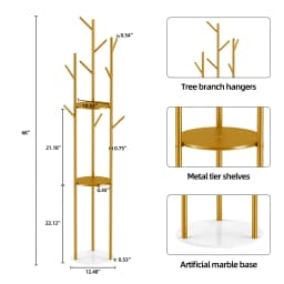 Metal Gold Coat Rack Stand with Marble Shelf - Heavy Duty Freestanding Hall Tree for Entryway, 9 Hooks