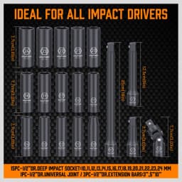 HORUSDY 20Pc Deep Socket Set Impact 1/2" Drive Extension Bars Flexible Adapter 10-24mm