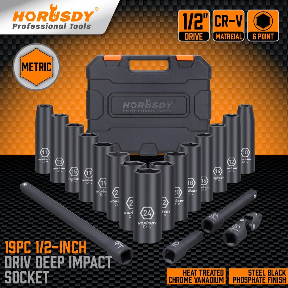 HORUSDY 20Pc Deep Socket Set Impact 1/2" Drive Extension Bars Flexible Adapter 10-24mm