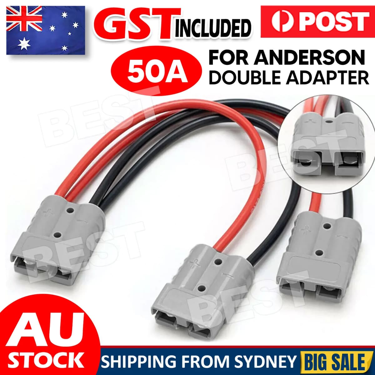 50 Amp Anderson Plug Connector Double Y Adaptor 1 to 2 6mm Automotive Cable AU