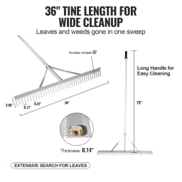 SucceBuy Landscape Rake 36" Head Aluminum Landscape Rake Lake Weed Rake w/ 75" Long Handle for Lawn Care Weeding Lake Garden