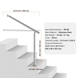 SucceBuy Handrails for Outdoor Steps 47.3 in / 120cm Deck Railing Kit Wall Floor Mounted for Outside Steps with Installation Kit
