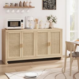 Rattan Accent Storage Cabinet with 4 Doors and Shelf - Modern Console Coffee Bar Cabinet for Dining Room, Kitchen, Living Room,