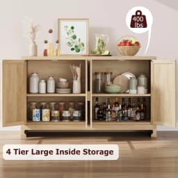 Rattan Accent Storage Cabinet with 4 Doors and Shelf - Modern Console Coffee Bar Cabinet for Dining Room, Kitchen, Living Room,