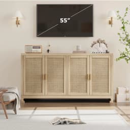 Rattan Accent Storage Cabinet with 4 Doors and Shelf - Modern Console Coffee Bar Cabinet for Dining Room, Kitchen, Living Room,