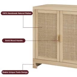 Rattan Accent Storage Cabinet with 4 Doors and Shelf - Modern Console Coffee Bar Cabinet for Dining Room, Kitchen, Living Room,