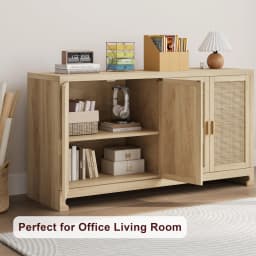 Rattan Accent Storage Cabinet with 4 Doors and Shelf - Modern Console Coffee Bar Cabinet for Dining Room, Kitchen, Living Room,