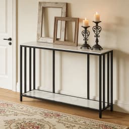 120cm Long Sintered Stone Console Table 2 Tier Sofa Storage Table Entryway Table Metal Black Frame for Hallway Living Room