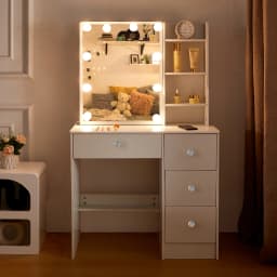 White Wood Dressing Table with LED Lighting Adjustable Brightness Dressing Table with Large Mirror Dressing Table with 4 Drawers