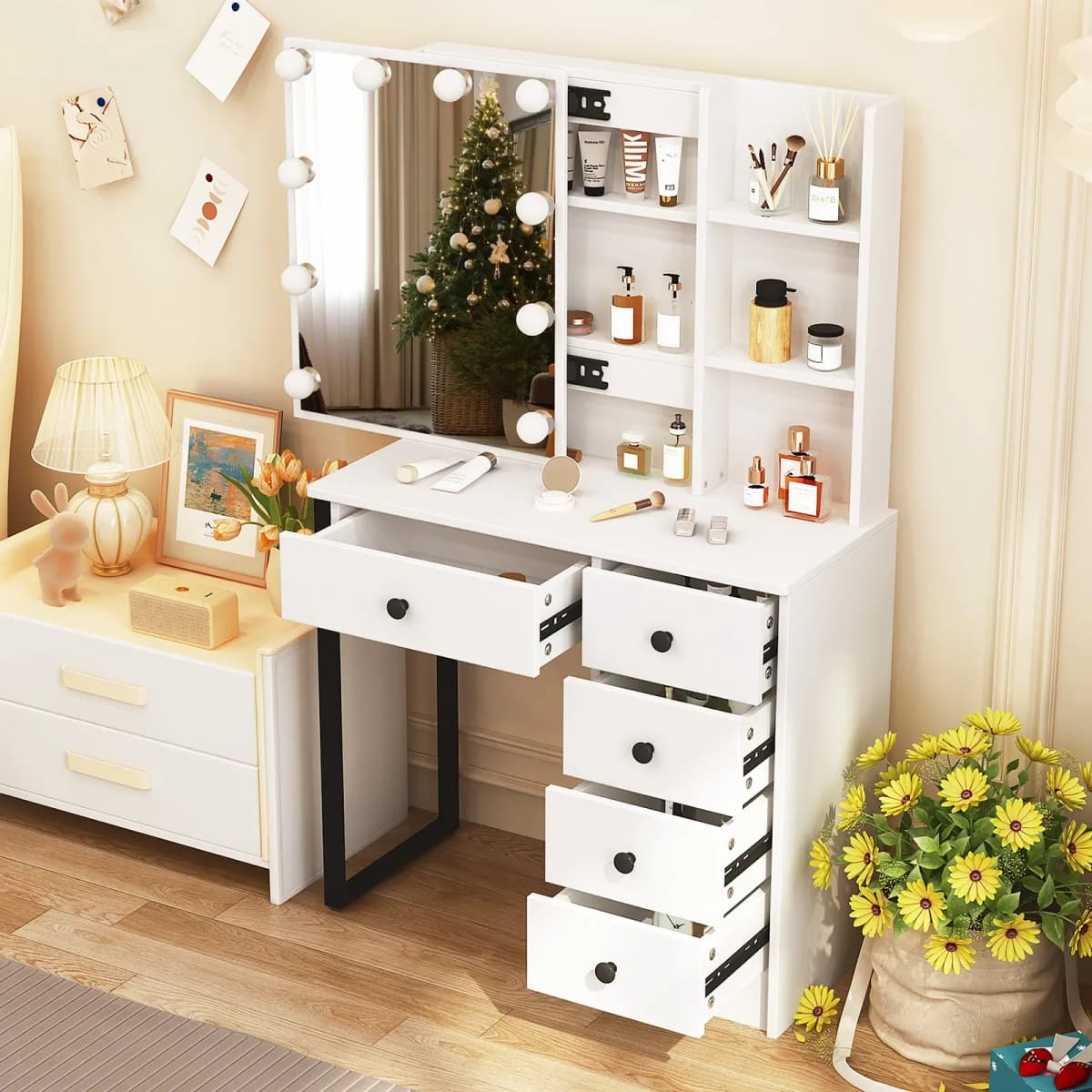 New White Vanity Set with 10 LED Lighted Mirror 5 Drawers 3 Color Dimmable Easy Assembly Sturdy Frame Makeup Desk Bedroom