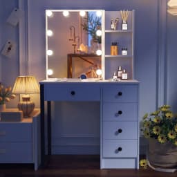 New White Vanity Set with 10 LED Lighted Mirror 5 Drawers 3 Color Dimmable Easy Assembly Sturdy Frame Makeup Desk Bedroom