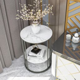 LUVODI Modern round Sofa Side Table Two-Tier Gold/Black Metal Frame End Coffee Table Nightstand with Open Space Storage