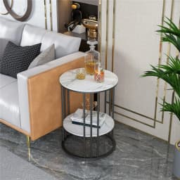 LUVODI Modern round Sofa Side Table Two-Tier Gold/Black Metal Frame End Coffee Table Nightstand with Open Space Storage