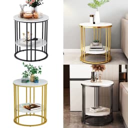 LUVODI Modern round Sofa Side Table Two-Tier Gold/Black Metal Frame End Coffee Table Nightstand with Open Space Storage