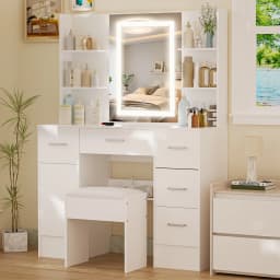 White Light Vanity Set, 3 Color Dimmable LED Lighted Mirror, 5 Drawers & Stool, Bedroom Easy Assembly
