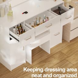 White Light Vanity Set, 3 Color Dimmable LED Lighted Mirror, 5 Drawers & Stool, Bedroom Easy Assembly