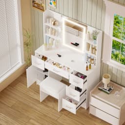 White Light Vanity Set, 3 Color Dimmable LED Lighted Mirror, 5 Drawers & Stool, Bedroom Easy Assembly