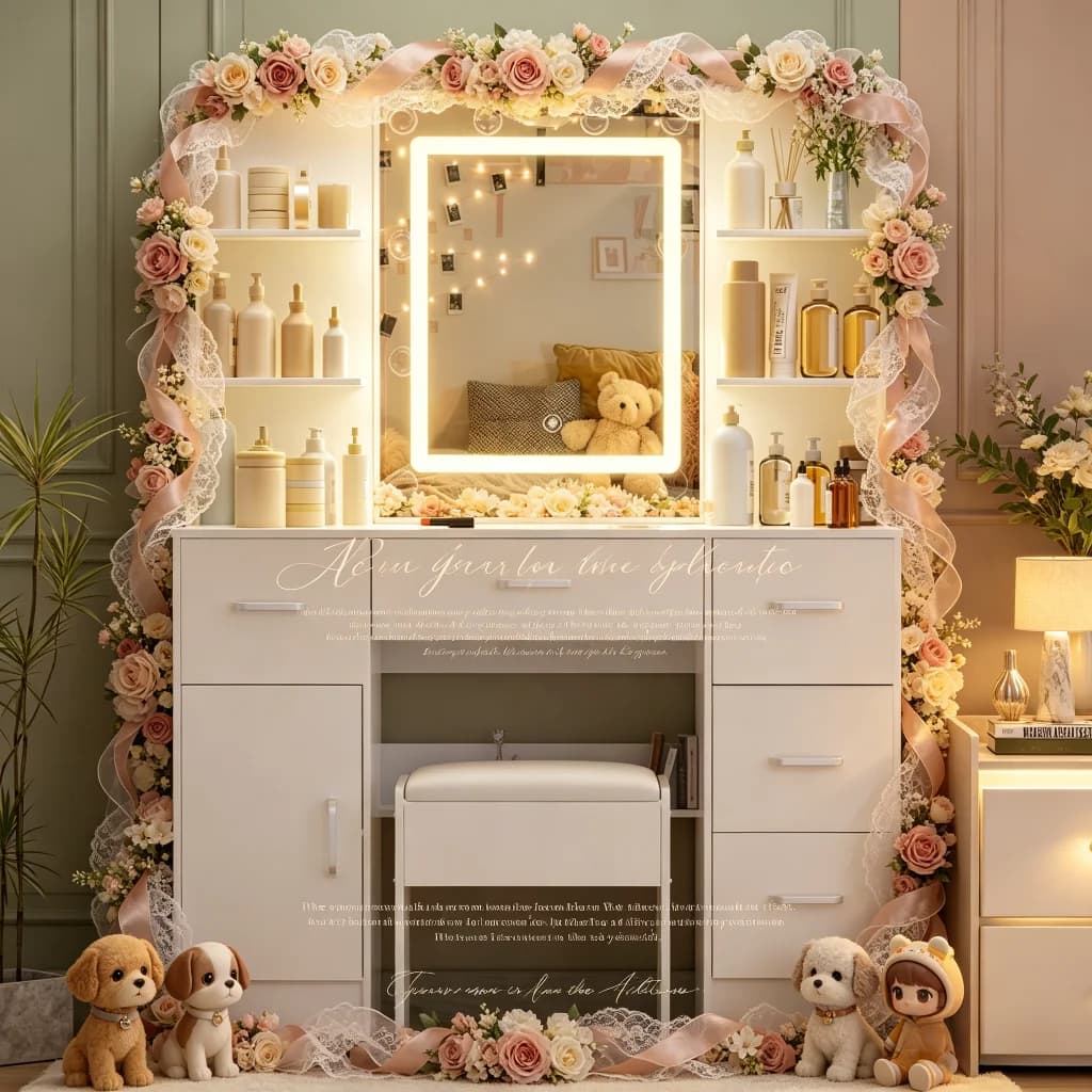 White Light Vanity Set, 3 Color Dimmable LED Lighted Mirror, 5 Drawers & Stool, Bedroom Easy Assembly
