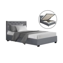 King Single Gas Lift Bed Frame Grey Upholstered Storage Bed Modern Bedroom Furniture