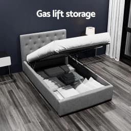 King Single Gas Lift Bed Frame Grey Upholstered Storage Bed Modern Bedroom Furniture
