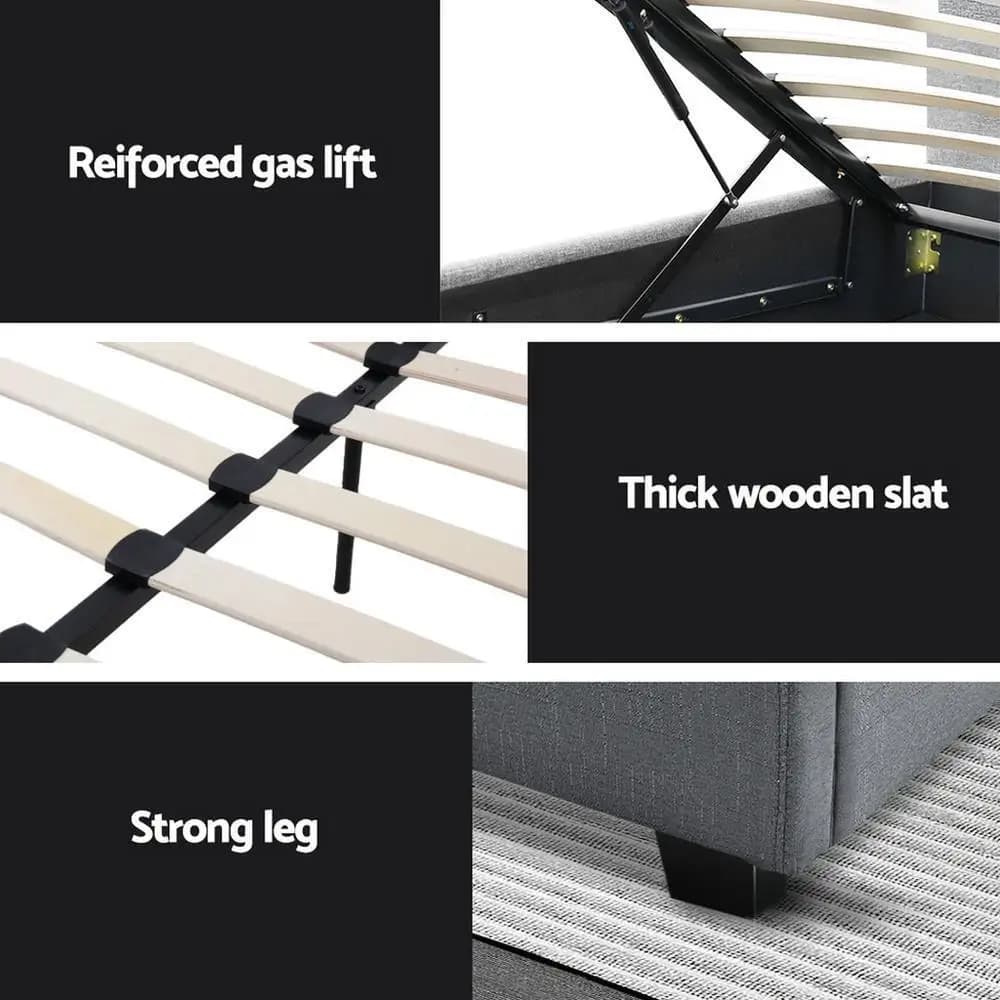 King Single Gas Lift Bed Frame Grey Upholstered Storage Bed Modern Bedroom Furniture