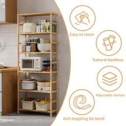 Adjustable 6-Tier Bamboo Bookshelf Free Standing Shelving Rack for Home Office Storage Organization